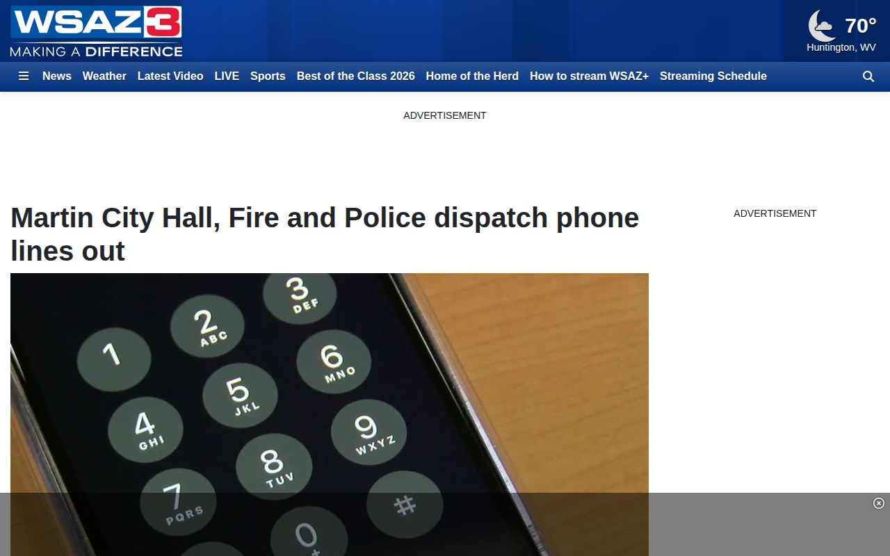 WSAZ report about Martin City Hall phone outage and county dispatch fallback